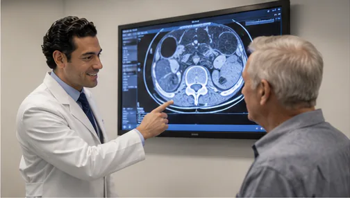 Dr. Nathanael Sabbah reviewing abdominal imaging with a patient