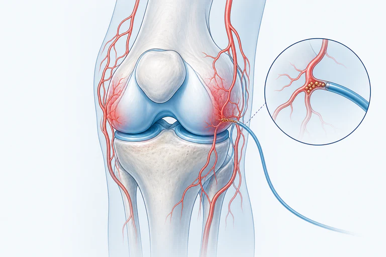 Illustration of selective catheter embolization of genicular arteries around an osteoarthritic knee.