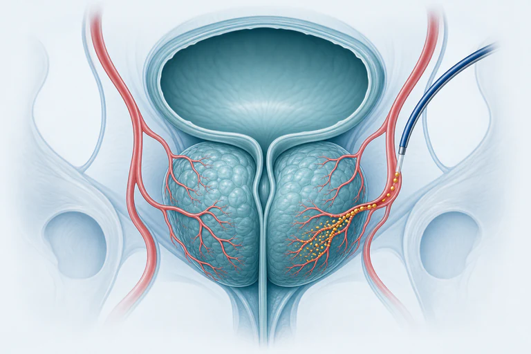 Illustration of a microcatheter delivering embolic particles to prostatic arteries during prostate artery embolization.