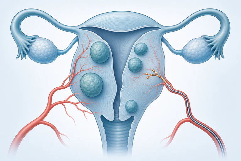 Illustration of a microcatheter delivering embolic particles to uterine arteries supplying fibroids.